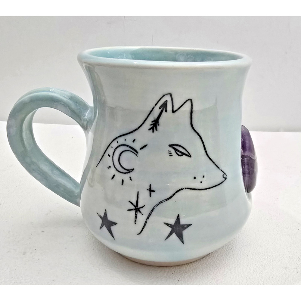 Handmade Southwest Pottery Mug Wolf and Woman with Amethyst Gemstone Coffee Mug